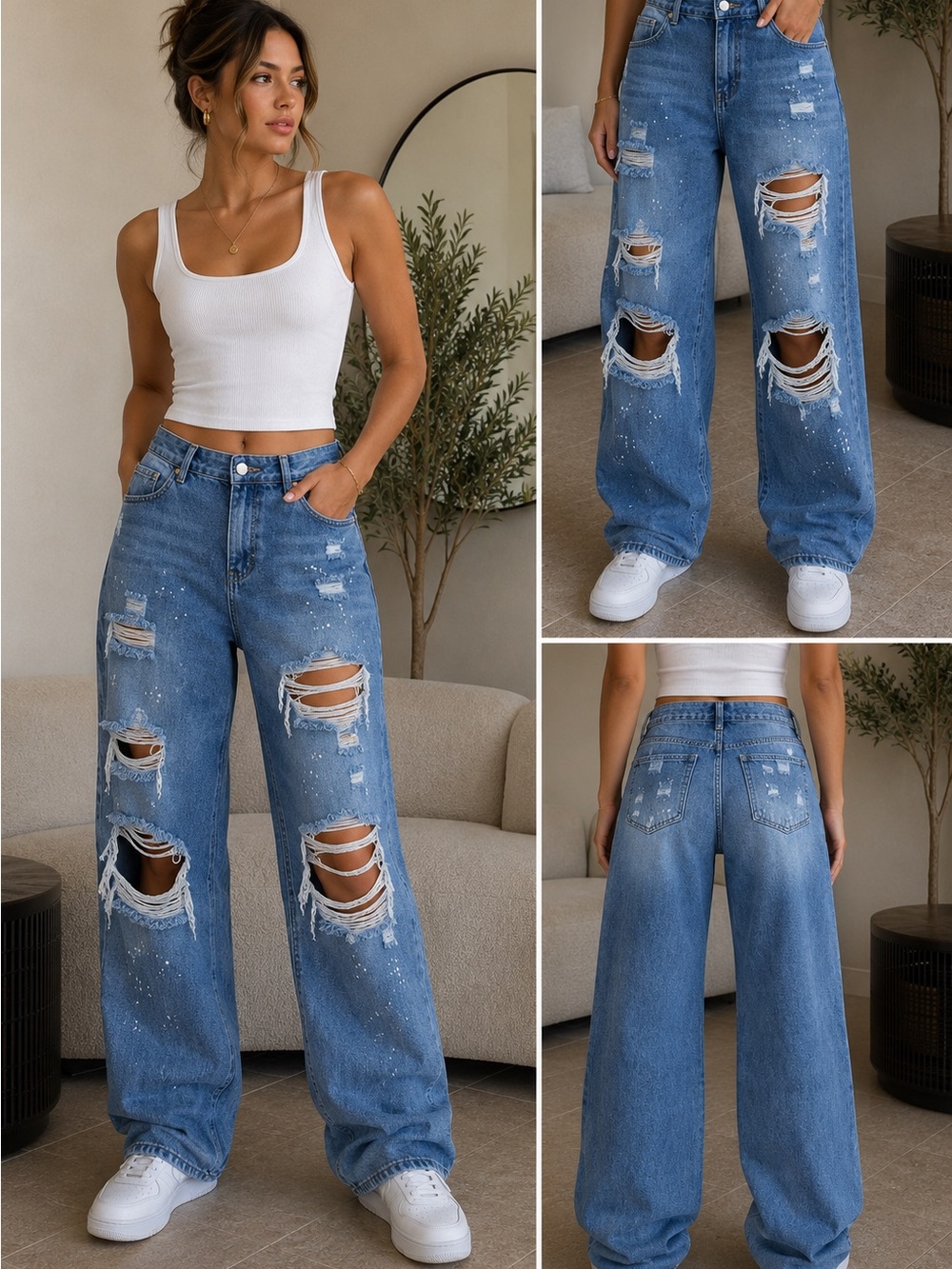 High-Rise Distressed Wide-Leg Jeans - Blue
